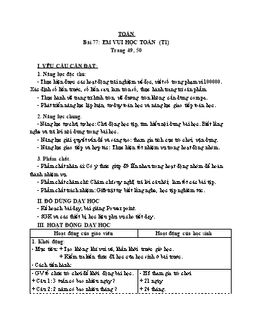 Giáo án Toán Lớp 3 (Cánh diều) - Tuần 24, Bài 77: Em vui học Toán (Tiết 1)