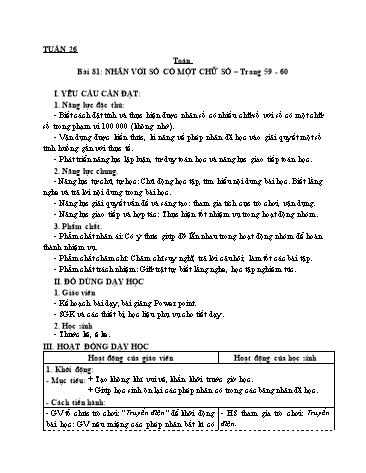 Giáo án Toán Lớp 3 (Cánh diều) - Tuần 26, Bài 81: Nhân với số có một chữ số (không nhớ)