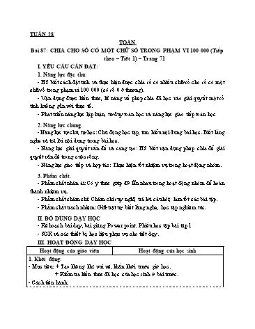 Giáo án Toán Lớp 3 (Cánh diều) - Tuần 28, Bài 87: Chia cho số có một chữ số trong phạm vi 100 000 (Tiếp theo) (Tiết 1)