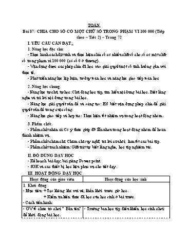 Giáo án Toán Lớp 3 (Cánh diều) - Tuần 28, Bài 87: Chia cho số có một chữ số trong phạm vi 100 000 (Tiếp theo) (Tiết 2)