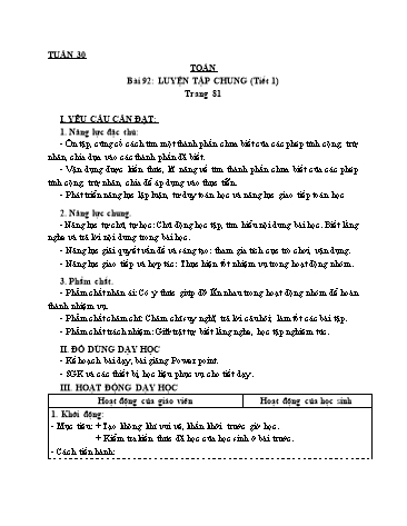 Giáo án Toán Lớp 3 (Cánh diều) - Tuần 30, Bài 92: Luyện tập chung (Tiết 1)