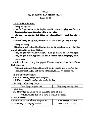 Giáo án Toán Lớp 3 (Cánh diều) - Tuần 30, Bài 92: Luyện tập chung (Tiết 2)