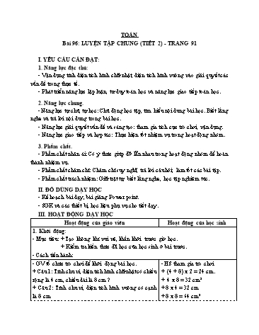 Giáo án Toán Lớp 3 (Cánh diều) - Tuần 31, Bài 96: Luyện tập chung (Tiết 2)