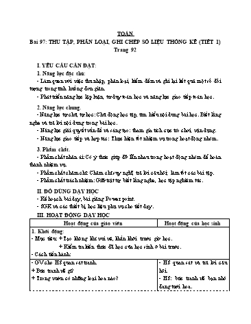 Giáo án Toán Lớp 3 (Cánh diều) - Tuần 31, Bài 97: Thu thập, phân loại, ghi chép số liệu thống kê (Tiết 1)