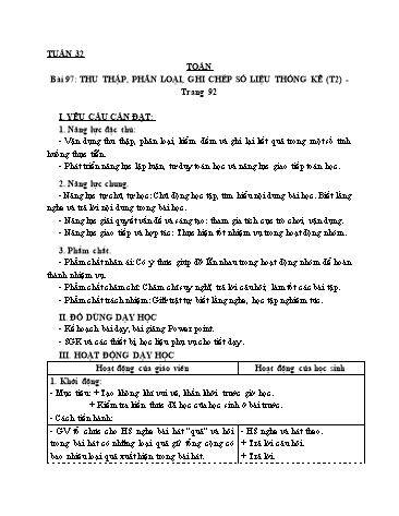 Giáo án Toán Lớp 3 (Cánh diều) - Tuần 32, Bài 97: Thu thập, phân loại, ghi chép số liệu thống kê (Tiết 2)