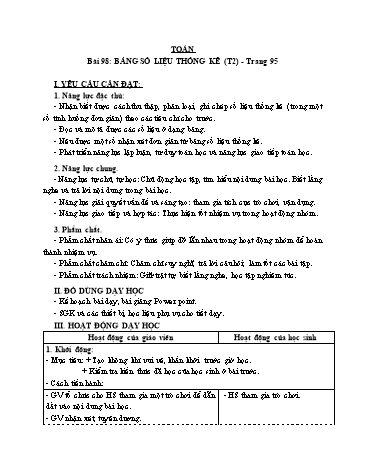 Giáo án Toán Lớp 3 (Cánh diều) - Tuần 32, Bài 98: Bảng số liệu thống kê (Tiết 2)