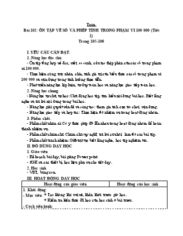 Giáo án Toán Lớp 3 (Cánh diều) - Tuần 33, Bài 102: Ôn tập về số và phép tính trong phạm vi 100 000 (Tiết 1)