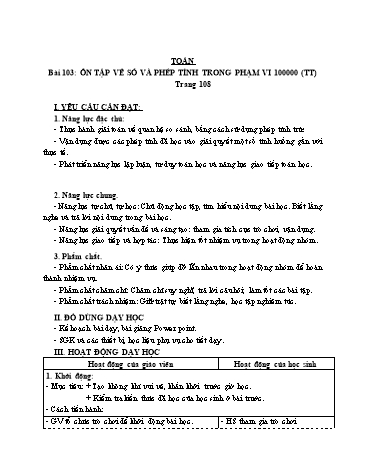 Giáo án Toán Lớp 3 (Cánh diều) - Tuần 34, Bài 103: Ôn tập về số và phép tính trong phạm vi 100 000 (Tiếp theo) (Tiết 2)