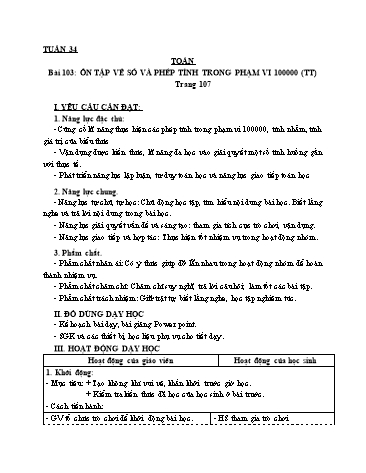 Giáo án Toán Lớp 3 (Cánh diều) - Tuần 34, Bài 103: Ôn tập về số và phép tính trong phạm vi 100 000 (Tiếp theo) (Tiết 1)