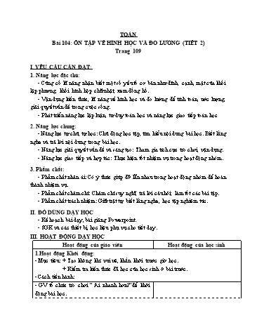 Giáo án Toán Lớp 3 (Cánh diều) - Tuần 34, Bài 104: Ôn tập về hình học và đo lường (Tiết 2)