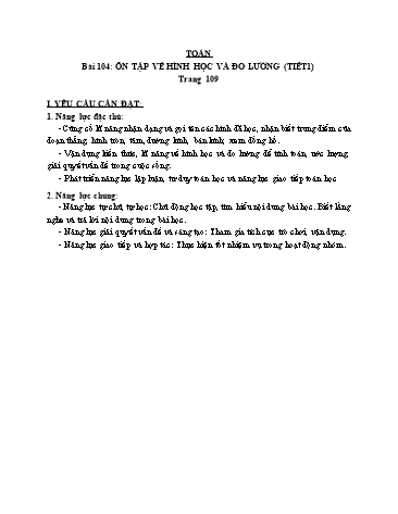 Giáo án Toán Lớp 3 (Cánh diều) - Tuần 34, Bài 104: Ôn tập về hình học và đo lường (Tiết 1)