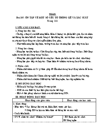 Giáo án Toán Lớp 3 (Cánh diều) - Tuần 34, Bài 105: Ôn tập về một số yếu tố thống kê và xác suất (Tiết 1)