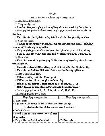 Giáo án Toán Lớp 3 (Cánh diều) - Tuần 4, Bài 12: Bảng nhân 9 (Tiết 1)