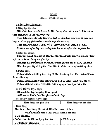 Giáo án Toán Lớp 3 (Cánh diều) - Tuần 5, Bài 15: Gam