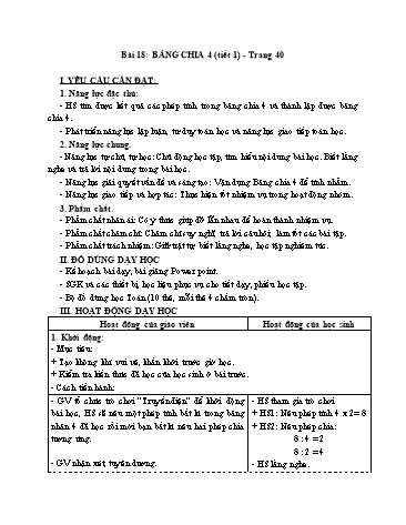 Giáo án Toán Lớp 3 (Cánh diều) - Tuần 6, Bài 18: Bảng chia 4 (Tiết 1)