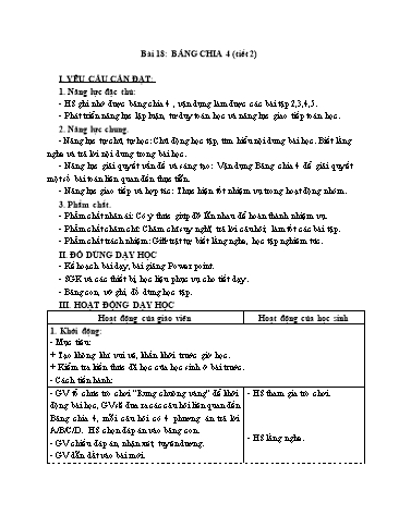 Giáo án Toán Lớp 3 (Cánh diều) - Tuần 6, Bài 18: Bảng chia 4 (Tiết 2)