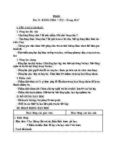 Giáo án Toán Lớp 3 (Cánh diều) - Tuần 7, Bài 21: Bảng chia 7 (Tiết 2)