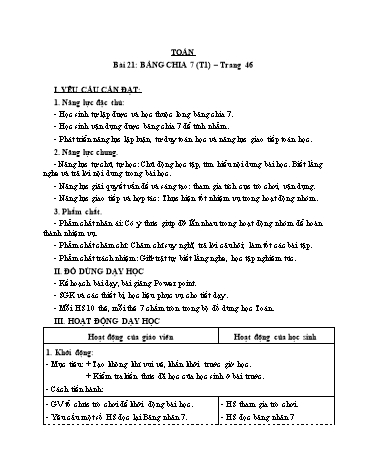 Giáo án Toán Lớp 3 (Cánh diều) - Tuần 7, Bài 21: Bảng chia 7 (Tiết 1)