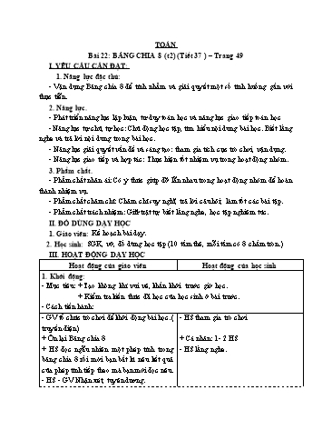 Giáo án Toán Lớp 3 (Cánh diều) - Tuần 8, Bài 22: Bảng chia 8 (Tiết 2)