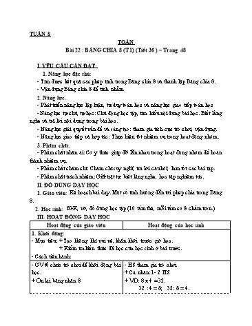 Giáo án Toán Lớp 3 (Cánh diều) - Tuần 8, Bài 22: Bảng chia 8 (Tiết 1)