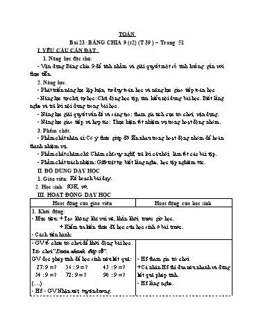 Giáo án Toán Lớp 3 (Cánh diều) - Tuần 8, Bài 23: Bảng chia 9 (Tiết 2)