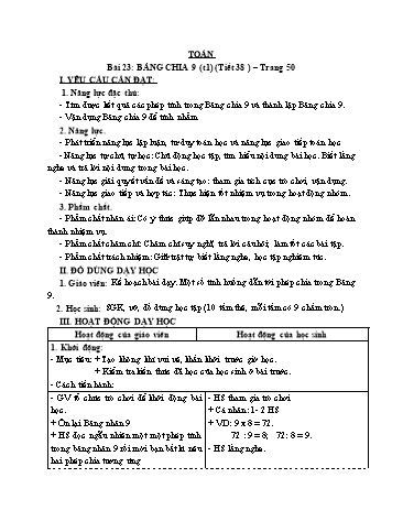 Giáo án Toán Lớp 3 (Cánh diều) - Tuần 8, Bài 23: Bảng chia 9 (Tiết 1)