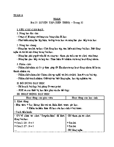 Giáo án Toán Lớp 3 (Cánh diều) - Tuần 9, Bài 25: Luyện tập (Tiếp theo)