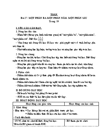 Giáo án Toán Lớp 3 (Cánh diều) - Tuần 9, Bài 27: Một phần ba. Một phần năm. Một phần sáu