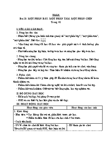 Giáo án Toán Lớp 3 (Cánh diều) - Tuần 9, Bài 28: Một phần bảy. Một phần tám. Một phần chín