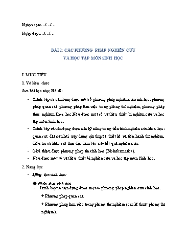 Bộ giáo án Sinh Học 10 (Cánh Diều) - Bài 2: Các phương pháp nghiên cứu và học tập môn Sinh học