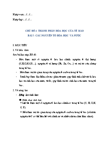 Bộ giáo án Sinh Học 10 (Cánh Diều) - Bài 5: Các nguyên tố hóa học và nước