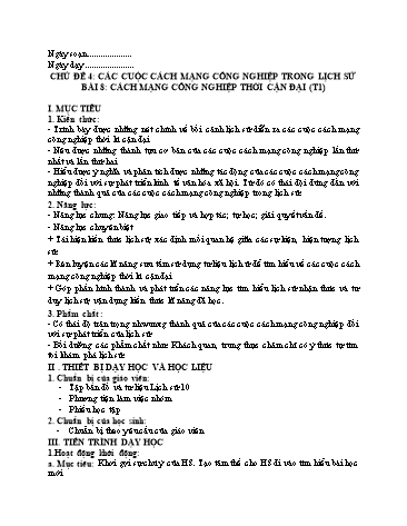 Giáo án Lịch Sử 10 (Cánh Diều) - Bài 8: Cách mạng công nghiệp thời kì cận đại (Tiết 1)