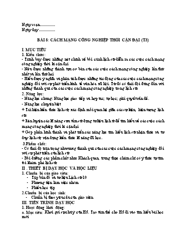 Giáo án Lịch Sử 10 (Cánh Diều) - Bài 8: Cách mạng công nghiệp thời kì cận đại (Tiết 3)