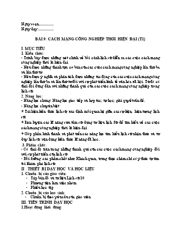 Giáo án Lịch Sử 10 (Cánh Diều) - Bài 9: Cách mạng công nghiệp thời kì hiện đại (Tiết 1)