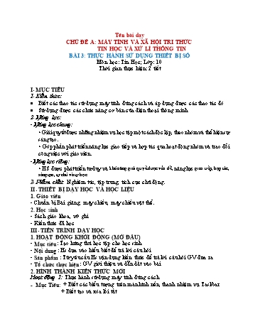 Giáo án Tin Học 10 (Cánh Diều) - Chủ đề A, Bài 3: Thực hành sử dụng thiết bị số
