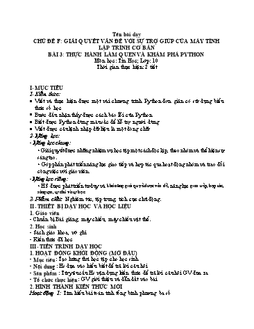 Giáo án Tin Học 10 (Cánh Diều) - Chủ đề F, Bài 3: Thực hành làm quen và khám phá Python