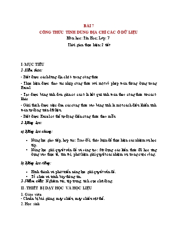 Giáo án Tin Học 7 (Cánh Diều) - Chủ đề E, Bài 7: Công thức tính toán dùng địa chỉ các ô dữ liệu