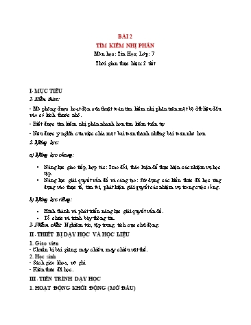 Giáo án Tin Học 7 (Cánh Diều) - Chủ đề F, Bài 2: Tìm kiếm nhị phân