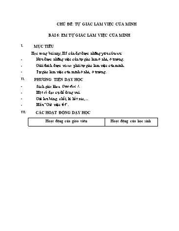 Giáo án Đạo Đức Lớp 1 (Cánh Diều) - Bài 6: Em tự giác làm việc của mình