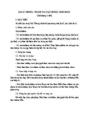 Giáo án Đạo Đức Lớp 1 (Chân Trời Sáng Tạo) - Bài 13: Phòng, tránh tai nạn trong sinh hoạt