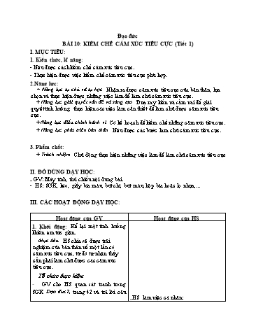 Giáo án Đạo Đức Lớp 2 (Chân Trời Sáng Tạo) - Bài 10: Kiềm chế cảm xúc tiêu cực (Tiết 1)