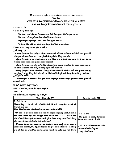 Giáo án Đạo Đức Lớp 2 (Chân Trời Sáng Tạo) - Bài 3: Bảo quản đồ dùng cá nhân (Tiết 1)