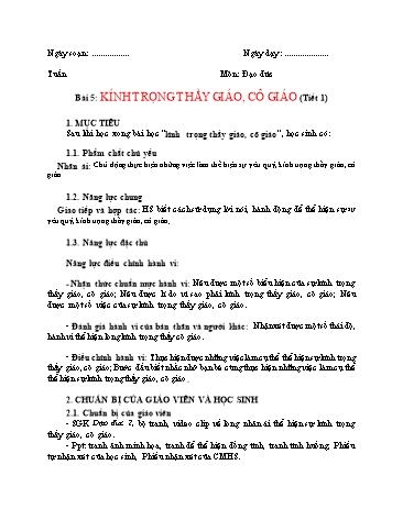 Giáo án Đạo Đức Lớp 2 (Chân Trời Sáng Tạo) - Bài 5: Kính trọng thầy giáo, cô giáo (Tiết 1)