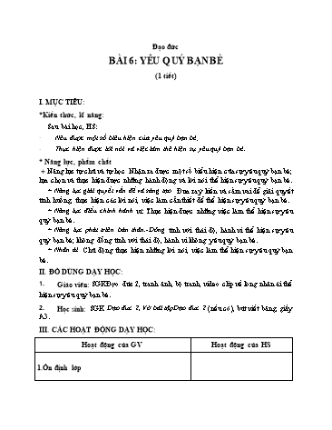 Giáo án Đạo Đức Lớp 2 (Chân Trời Sáng Tạo) - Bài 6: Yêu quý bạn bè