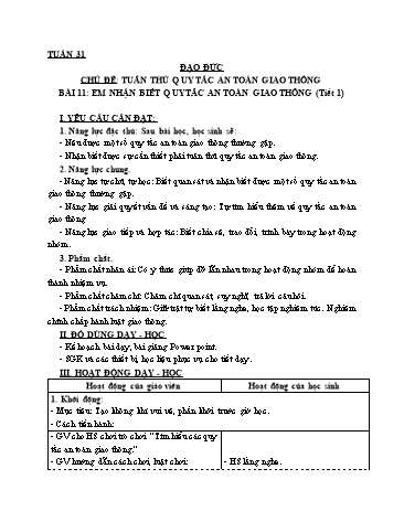 Giáo án Đạo Đức Lớp 3 (Cánh Diều) - Bài 11: Em nhận biết quy tắc an toàn giao thông (Tiết 1)