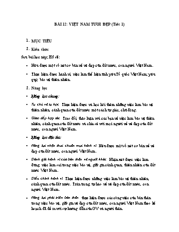 Giáo án Đạo Đức Lớp 3 (Chân Trời Sáng Tạo) - Bài 12: Việt Nam tươi đẹp (Tiết 1)