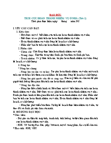 Giáo án Đạo Đức Lớp 3 (Chân Trời Sáng Tạo) - Bài 4: Tích cực hoàn thành nhiệm vụ ở nhà (Tiết 1)