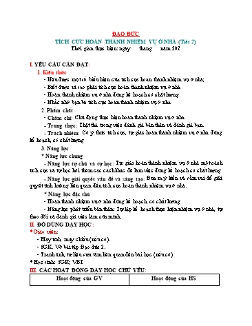 Giáo án Đạo Đức Lớp 3 (Chân Trời Sáng Tạo) - Bài 4: Tích cực hoàn thành nhiệm vụ ở nhà (Tiết 2)