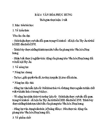 Giáo án Lịch Sử 7 (Chân Trời Sáng Tạo) - Bài 4: Văn hóa Phục hưng