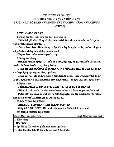 Giáo án Tự Nhiên Xã Hội 3 (Cánh Diều) - Bài 13: Các bộ phận của động vật và chức năng của chúng (Tiết 3)